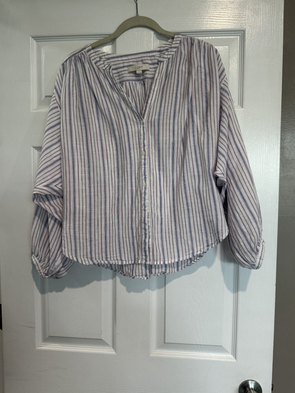 Loft Blue/White/Pink Stripe Cotton Button Up Womens Size M Boho Cottage Beachy